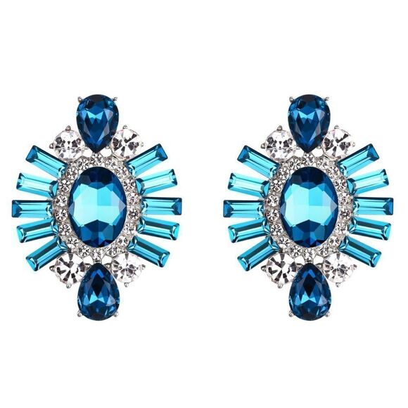 Silver with Aquamarine and Sapphire Blue CZ Floral Art Deco Post Back Earrings - Picture 1 of 4